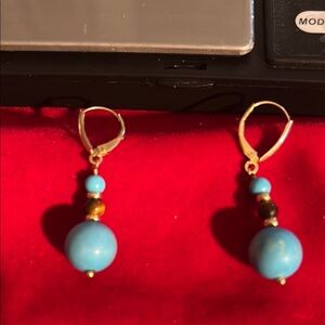 14Karats real Gold tiger eye with blue gemstone Earrings